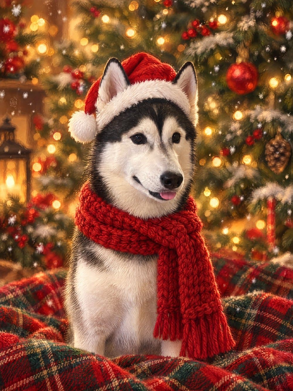 Monta the husky in a Santa hat and red scarf by a Christmas tree