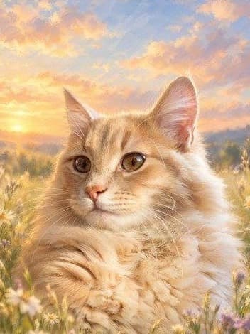 A cream cat in a sunlit meadow, a memorial portrait