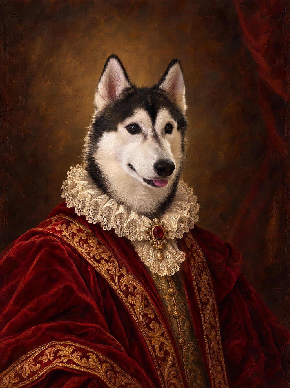Monta the husky as a Royal portrait in a crimson velvet cloak and lace ruff